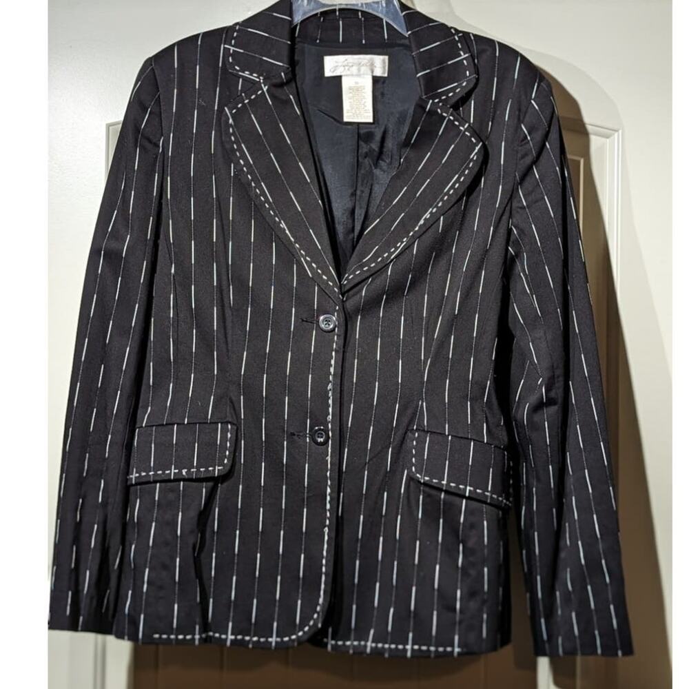 Lucy Perida Boutique Brand Black Stripe Lined Cotton Stretch Blazer Womens Sz 10